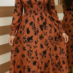 Kadın Uzun Kollu Kruvaze Yakalı çiçek Desenli Maksi Süprem Elbise, 30148