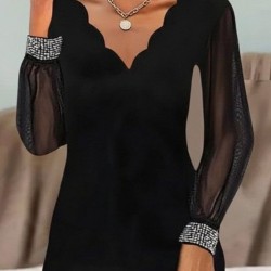 Kadın Uzun Kollu V Yaka Lazer Kesimli Tül Detaylı Mini Ithal Krep Elbise , 30154