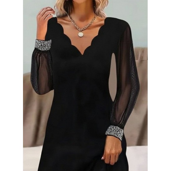 Kadın Uzun Kollu V Yaka Lazer Kesimli Tül Detaylı Mini Ithal Krep Elbise , 30154