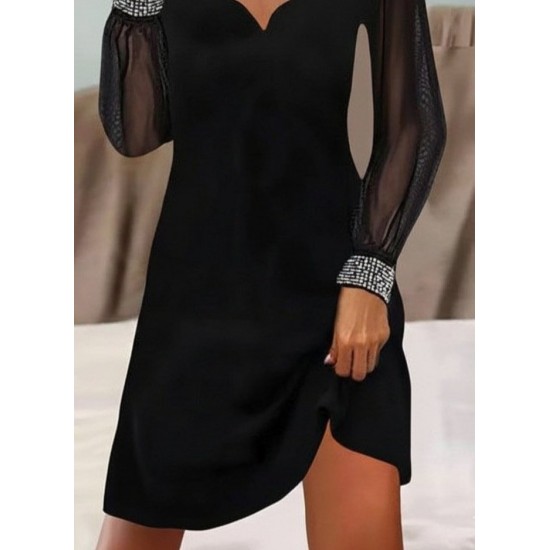 Kadın Uzun Kollu V Yaka Lazer Kesimli Tül Detaylı Mini Ithal Krep Elbise , 30154