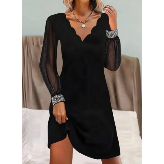 Kadın Uzun Kollu V Yaka Lazer Kesimli Tül Detaylı Mini Ithal Krep Elbise , 30154