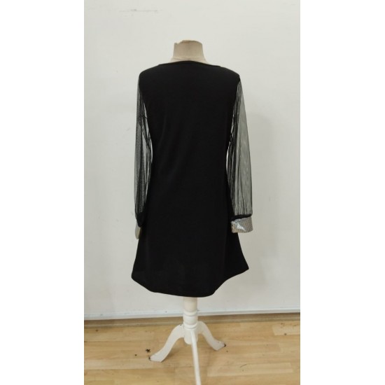 Kadın Uzun Kollu V Yaka Lazer Kesimli Tül Detaylı Mini Ithal Krep Elbise , 30154