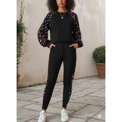 Kadın Uzun Kollu Bisiklet Yaka Desenli Viskon Iki Iplik Bluz Ve Pantolon Ikili Takım , 30167