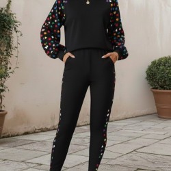 Kadın Uzun Kollu Bisiklet Yaka Desenli Viskon Iki Iplik Bluz Ve Pantolon Ikili Takım , 30167