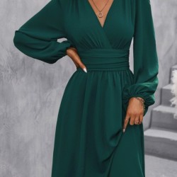 Kadın Uzun Kollu Kruvaze Yakalı Bel Korsajlı Mini Elbise , 30159