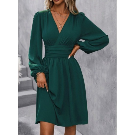 Kadın Uzun Kollu Kruvaze Yakalı Bel Korsajlı Mini Elbise , 30159