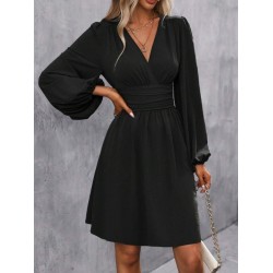 Kadın Uzun Kollu Kruvaze Yakalı Bel Korsajlı Mini Elbise , 30158