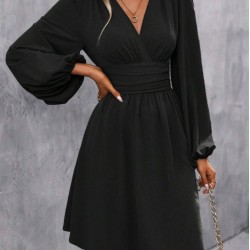 Kadın Uzun Kollu Kruvaze Yakalı Bel Korsajlı Mini Elbise , 30158