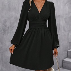 Kadın Uzun Kollu Kruvaze Yakalı Bel Korsajlı Mini Elbise , 30158