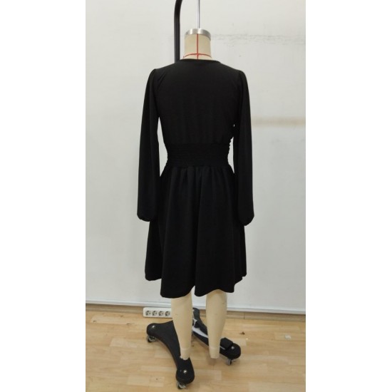 Kadın Uzun Kollu Kruvaze Yakalı Bel Korsajlı Mini Elbise , 30158