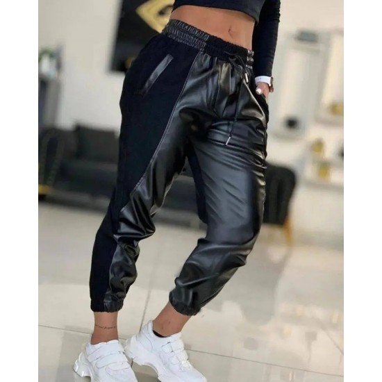 Kadın Yüksek Bel Lastikli Cepli Deri Detaylı Dalgıç Pantolon , 30180