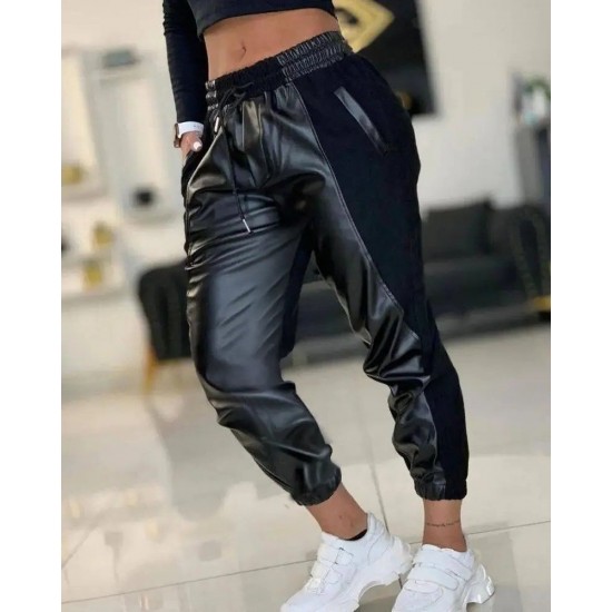 Kadın Yüksek Bel Lastikli Cepli Deri Detaylı Dalgıç Pantolon , 30180