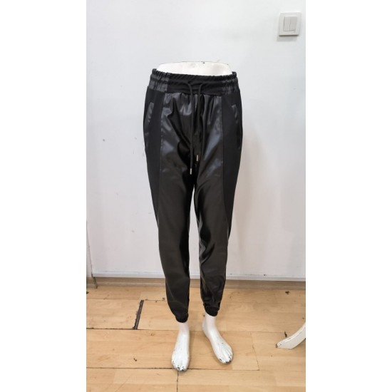 Kadın Yüksek Bel Lastikli Cepli Deri Detaylı Dalgıç Pantolon , 30180