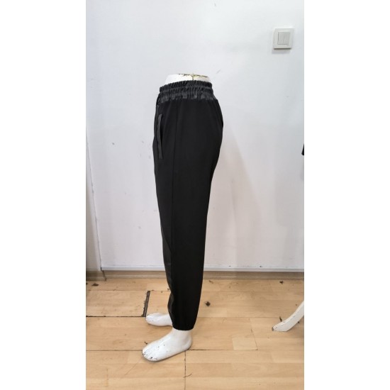 Kadın Yüksek Bel Lastikli Cepli Deri Detaylı Dalgıç Pantolon , 30180