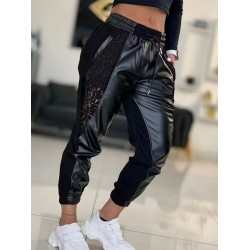 Kadın Yüksek Bel Lastikli Yanda Dantel Detaylı Bağcıklı Deri Pantolon , 30179