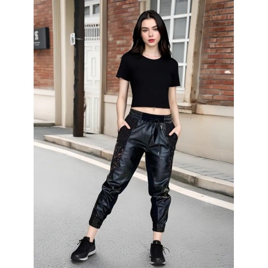 Kadın Yüksek Bel Lastikli Yanda Dantel Detaylı Bağcıklı Deri Pantolon , 30179 Kadın Yüksek Bel Lastikli Yanda Dantel Detaylı Bağcıklı Deri Pantolon , 30179