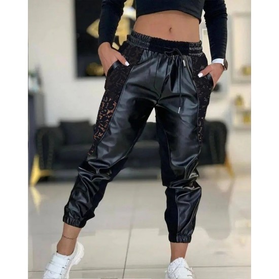 Kadın Yüksek Bel Lastikli Yanda Dantel Detaylı Bağcıklı Deri Pantolon , 30179 Kadın Yüksek Bel Lastikli Yanda Dantel Detaylı Bağcıklı Deri Pantolon , 30179