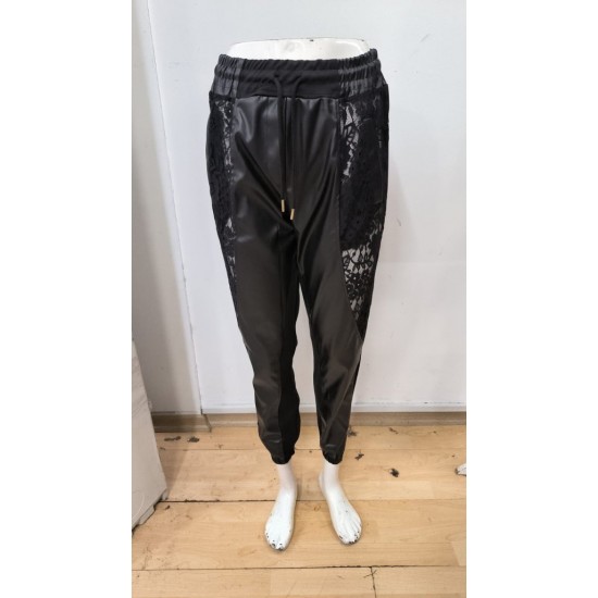 Kadın Yüksek Bel Lastikli Yanda Dantel Detaylı Bağcıklı Deri Pantolon , 30179 Kadın Yüksek Bel Lastikli Yanda Dantel Detaylı Bağcıklı Deri Pantolon , 30179