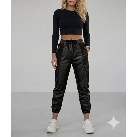 Kadın Yüksek Bel Lastikli Yanda Dantel Detaylı Bağcıklı Deri Pantolon , 30179