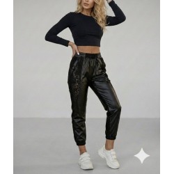 Kadın Yüksek Bel Lastikli Yanda Dantel Detaylı Bağcıklı Deri Pantolon , 30179