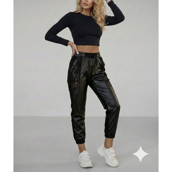 Kadın Yüksek Bel Lastikli Yanda Dantel Detaylı Bağcıklı Deri Pantolon , 30179