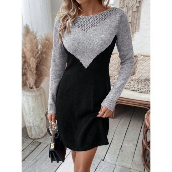 Kadın Uzun Kollu Kayık Yakalı çift Renk Mini Triko Elbise , 30178