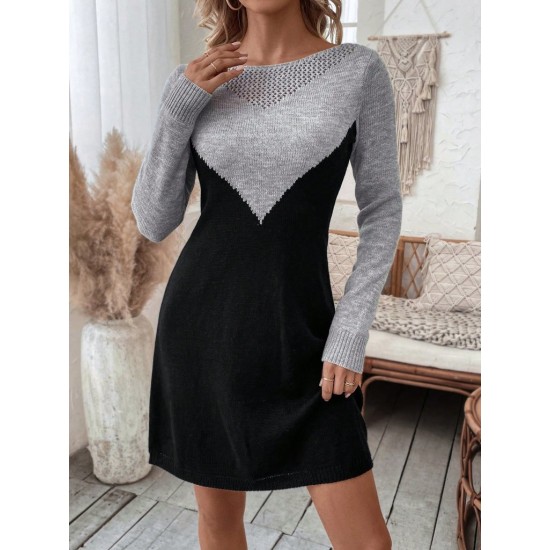 Kadın Uzun Kollu Kayık Yakalı çift Renk Mini Triko Elbise , 30178