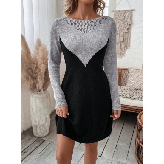 Kadın Uzun Kollu Kayık Yakalı çift Renk Mini Triko Elbise , 30178