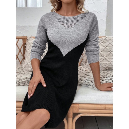 Kadın Uzun Kollu Kayık Yakalı çift Renk Mini Triko Elbise , 30178