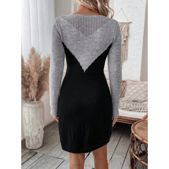 Kadın Uzun Kollu Kayık Yakalı çift Renk Mini Triko Elbise , 30178