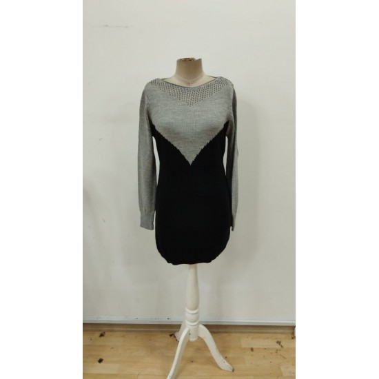 Kadın Uzun Kollu Kayık Yakalı çift Renk Mini Triko Elbise , 30178