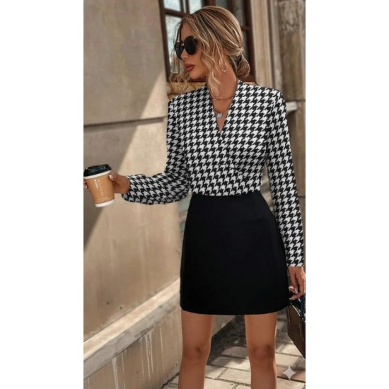 Kadın Uzun Kollu Kruvaze Yakalı üst Dalgıç Alt Ithal Krep Mini Elbise , 30170