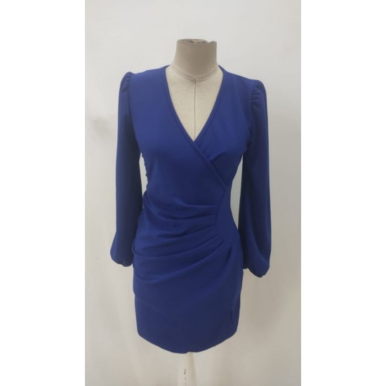 Kadın Uzun Kollu Kruvaze Yakalı Yanlardan Büzgü Detaylı Ithal Krep Kısa Elbise, 30189