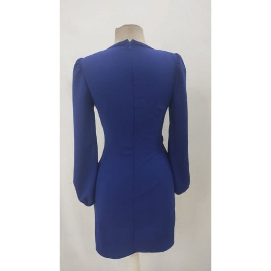 Kadın Uzun Kollu Kruvaze Yakalı Yanlardan Büzgü Detaylı Ithal Krep Kısa Elbise, 30189