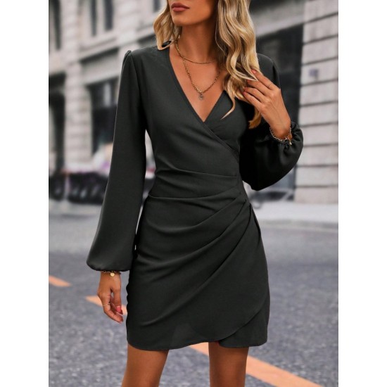 Kadın Uzun Kollu Kruvaze Yakalı Yanlardan Büzgü Detaylı Ithal Krep Kısa Elbise, 30187
