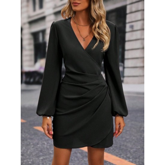 Kadın Uzun Kollu Kruvaze Yakalı Yanlardan Büzgü Detaylı Ithal Krep Kısa Elbise, 30187