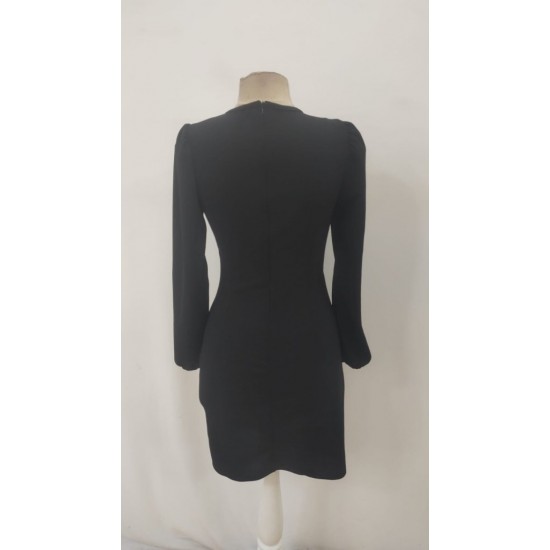 Kadın Uzun Kollu Kruvaze Yakalı Yanlardan Büzgü Detaylı Ithal Krep Kısa Elbise, 30187