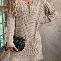 Kadın Uzun Kollu V Yakalı Düğmeli Mini Triko Taş Renkli Elbise , 30206