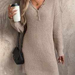 Kadın Uzun Kollu V Yakalı Düğmeli Mini Triko Taş Renkli Elbise , 30206