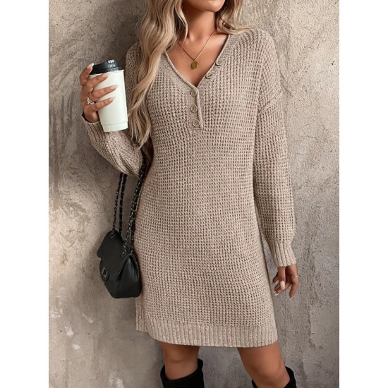 Kadın Uzun Kollu V Yakalı Düğmeli Mini Triko Taş Renkli Elbise , 30206