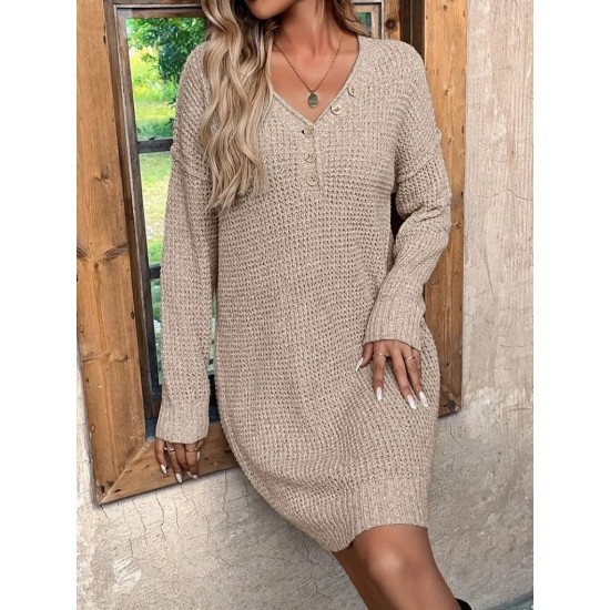 Kadın Uzun Kollu V Yakalı Düğmeli Mini Triko Taş Renkli Elbise , 30206