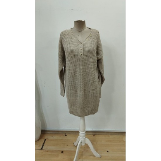 Kadın Uzun Kollu V Yakalı Düğmeli Mini Triko Taş Renkli Elbise , 30206