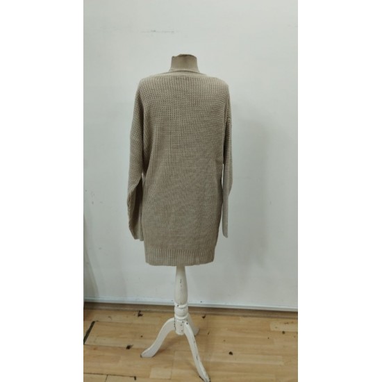 Kadın Uzun Kollu V Yakalı Düğmeli Mini Triko Taş Renkli Elbise , 30206