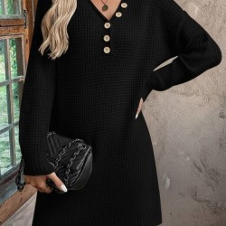 Kadın Uzun Kollu V Yakalı Düğmeli Mini Triko Elbise , 30205