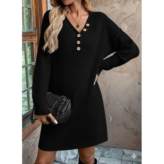 Kadın Uzun Kollu V Yakalı Düğmeli Mini Triko Elbise , 30205