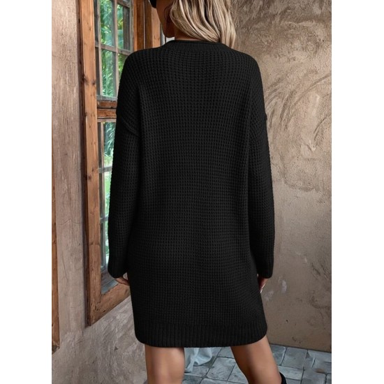 Kadın Uzun Kollu V Yakalı Düğmeli Mini Triko Elbise , 30205