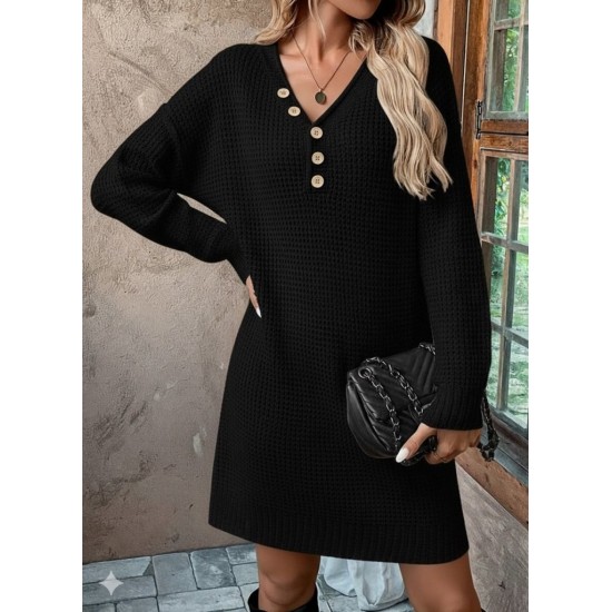 Kadın Uzun Kollu V Yakalı Düğmeli Mini Triko Elbise , 30205