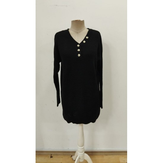 Kadın Uzun Kollu V Yakalı Düğmeli Mini Triko Elbise , 30205