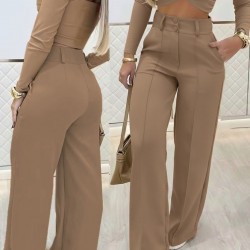 Kadın Uzun Kollu Göğüs Dekolteli Ithal Krep Bluz Ve Pantolon Ikili Takım , 30198