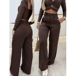 Kadın Uzun Kollu Göğüs Dekolteli Ithal Krep Bluz Ve Pantolon Ikili Takım , 30197